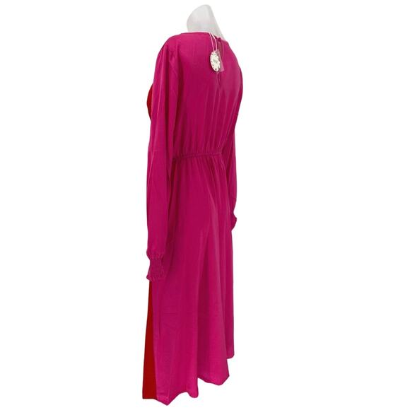 Oddy NWT Pink Red Satin Two Tone Colorblock Tie Front Long Sleeve Midi Dress L - Picture 4 of 7